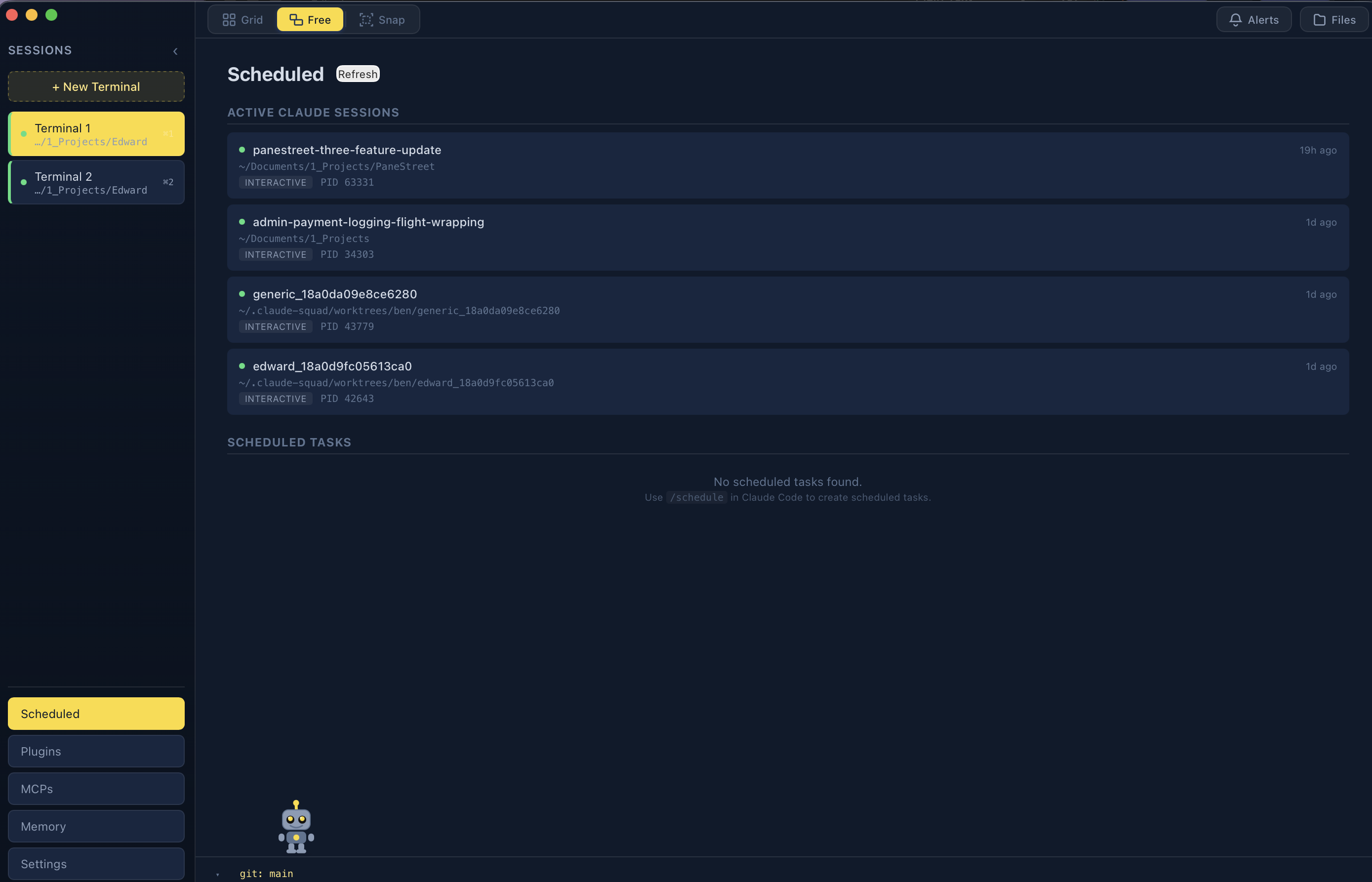PaneStreet scheduled tasks panel showing active Claude sessions
